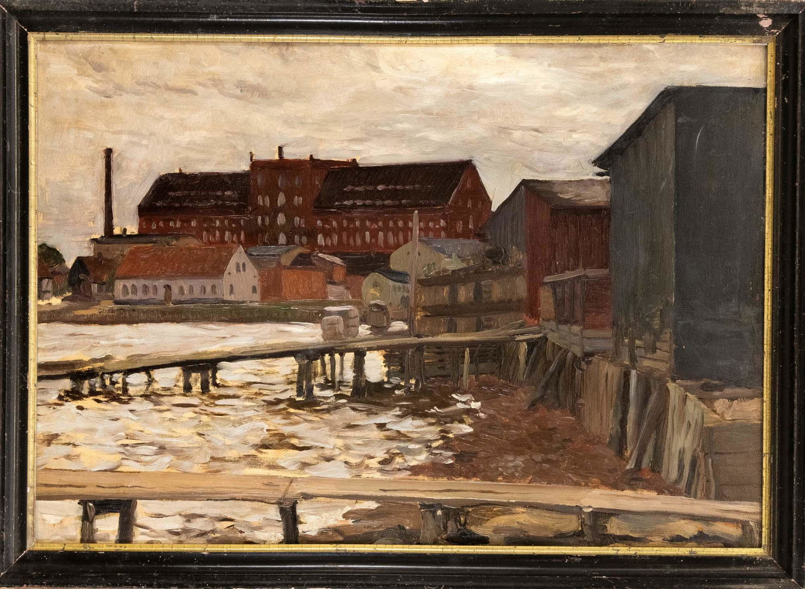 Johannes Hänsch (1875-194: Johannes Hänsch (1875-1945), studied at the KA Berlin with P. Prozess, E. Bracht, Fr. Kallmorgen and Albert Hertel, ''Fabrik an der Spree'', oil on cardboard, unsigned, label on the reverse of th
