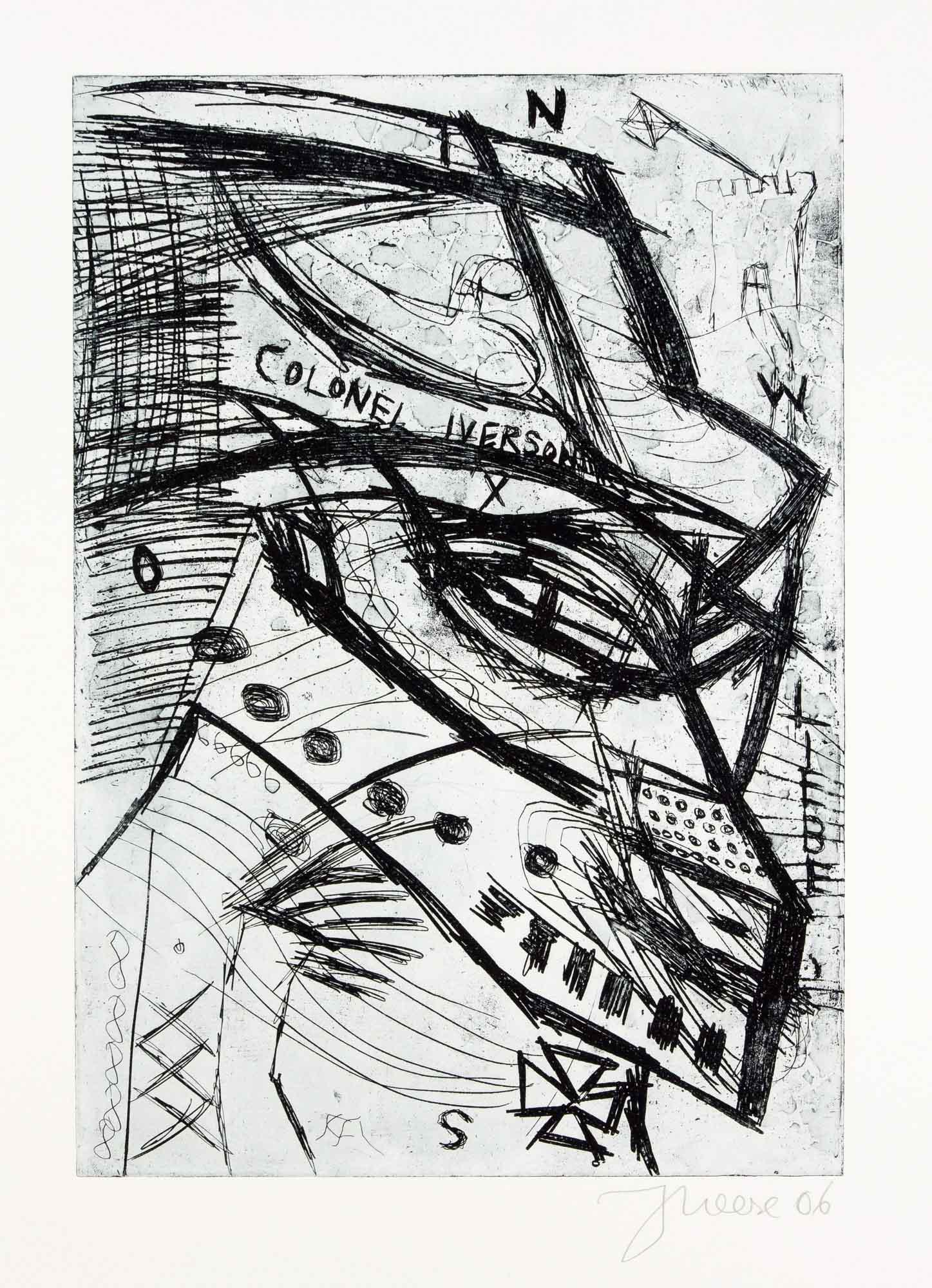 Jonathan Meese (* 1970),: Jonathan Meese (* 1970), ''Colonel Iverson'', etching on laid paper for the style of 2006, u. re. hand sign. u. dat., 50 x 35 cm, sheet dimensions 57 x 76 cm