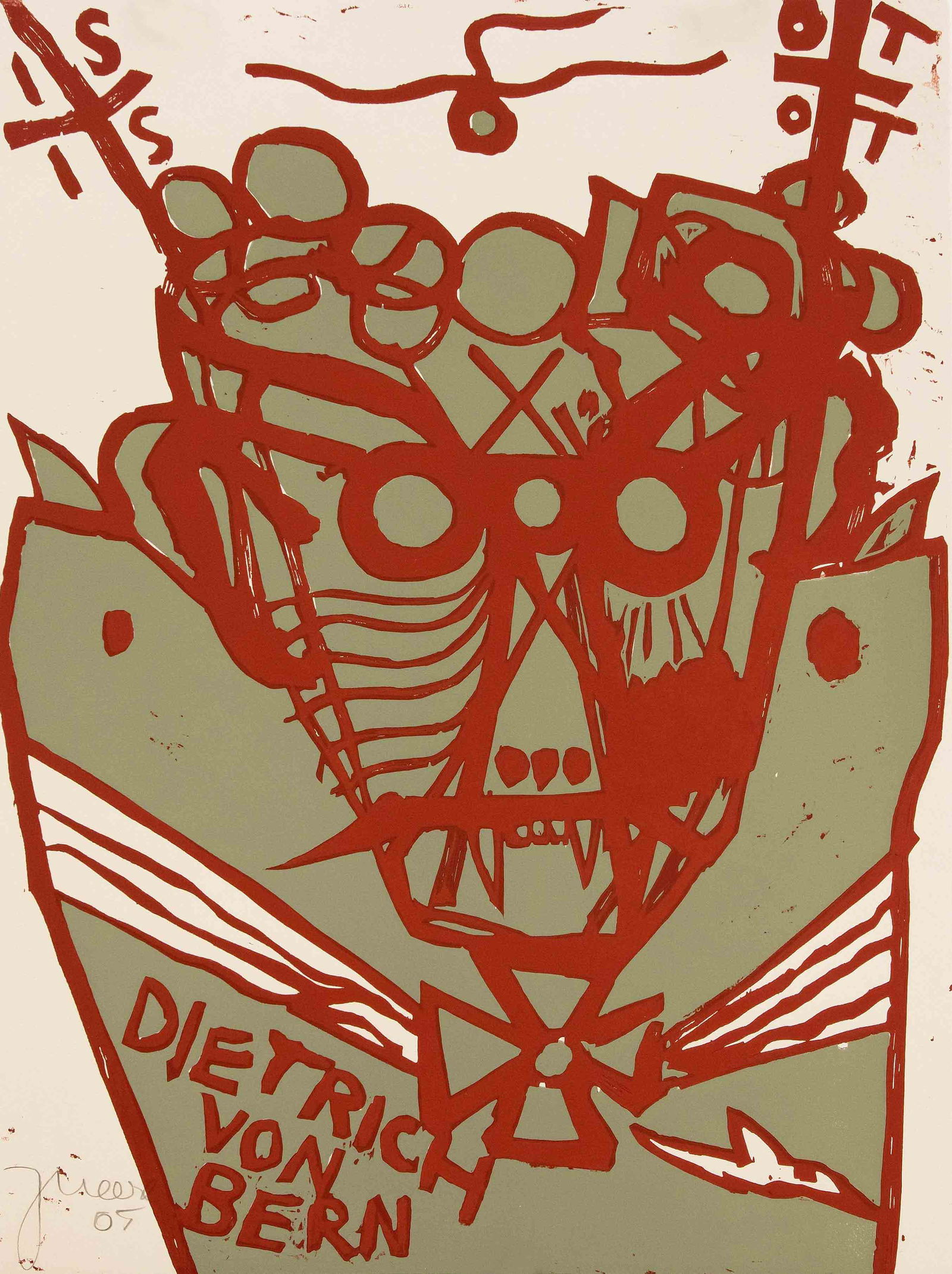 Jonathan Meese (* 1970),: Jonathan Meese (* 1970), ''Dietrich von Bern'', large color woodcut on Somerset Büttten, u. li. hand sign. u. dat. 2005, sheet dimensions 76 x 56.5 cm