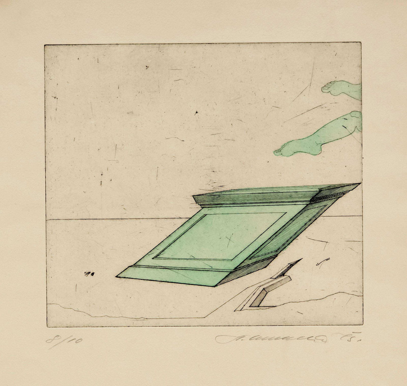 Stefan Wewerka (1928-2013: Stefan Wewerka (1928-2013), 3 etchings / laid paper, unframed 1) Untitled [Green pedestal]. 1975, with Blstft. u. re. sign. u. dat. St. Wewerka 75 and u. li. numm. 8/10, sheet 39.5 x 36.7 cm, u. re. C