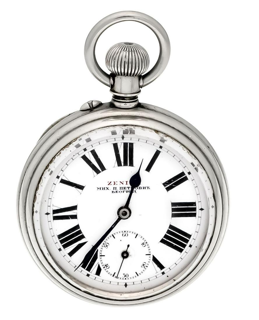 Zenith Herrentaschenuhr offen, um 1927, Gehäusenummer:: Zenith Herrentaschenuhr offen, um 1927, Gehäusenummer: 4708314, auf dem weißen emaillierten Zifferblatt bez. in serbischer Kyrillik. "Mih. P. Petkovic i Ko. Beograd", es ist der Name des königliche