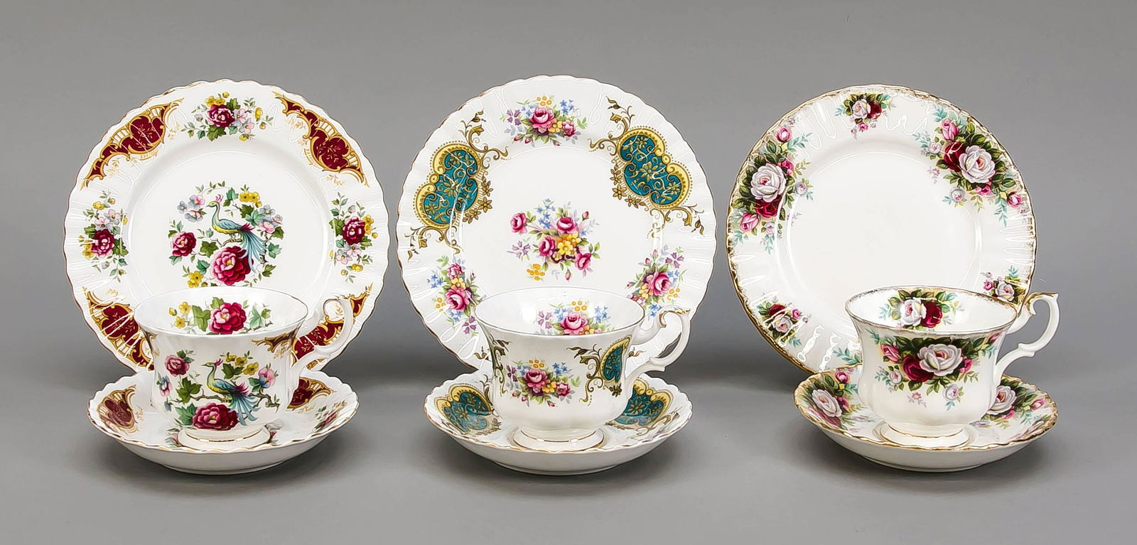 Three place settings, 9 pieces: Three place settings, 9 pieces, Royal Albert, Bone China, England, late 20th century, polychrome decorations Berkeley, Chatellaine and Celebration, gold-plated, partly rubbed off, cup with saucers, h.