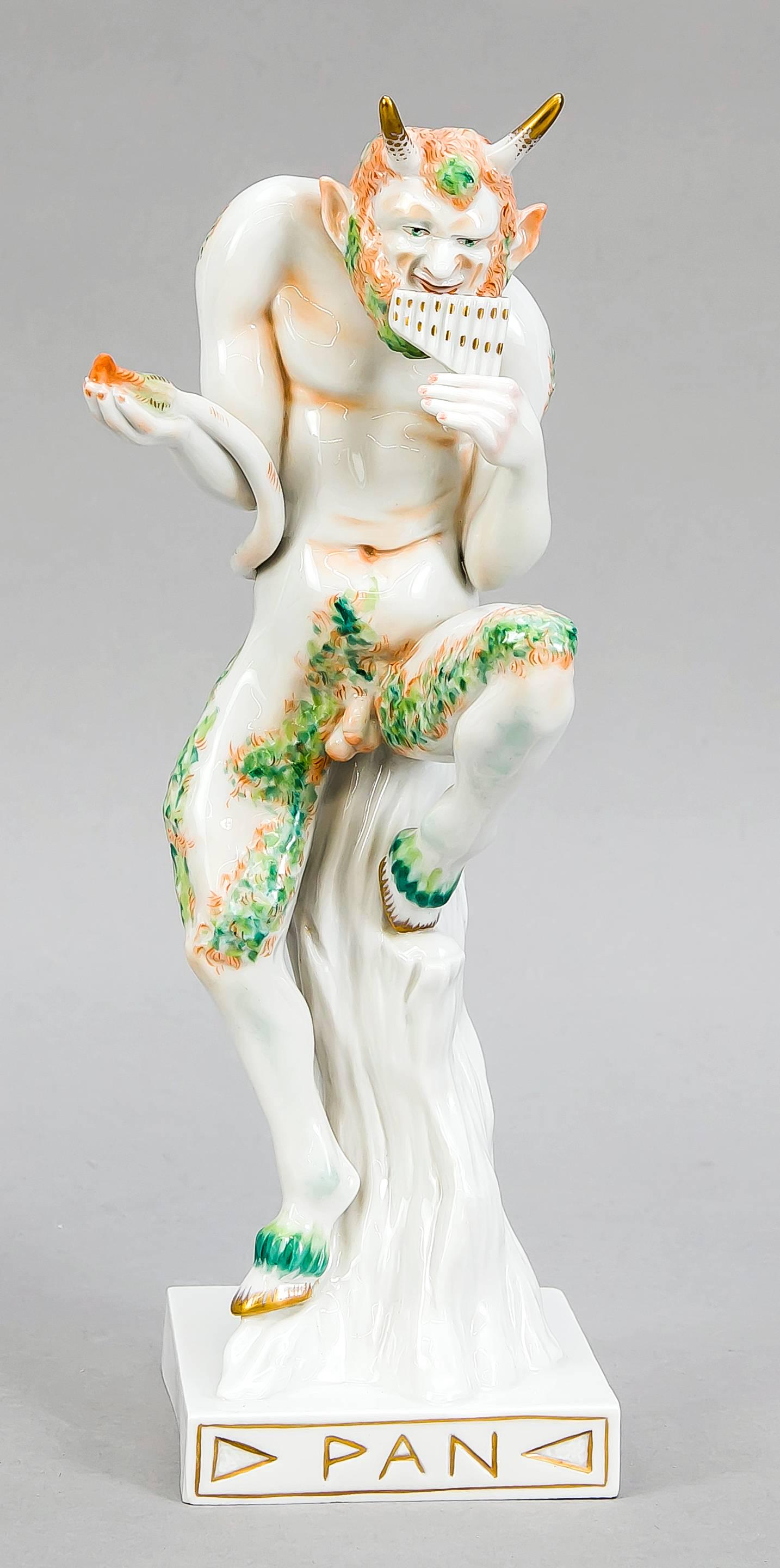 Pan playing his flute, Volkste: Pan playing his flute, Volkstedt, Thuringia, 20th century, designed by Kati Zorn (born 1962), signed in the base, model no. V21010, training as a porcelain designer in the Lichte training center and i