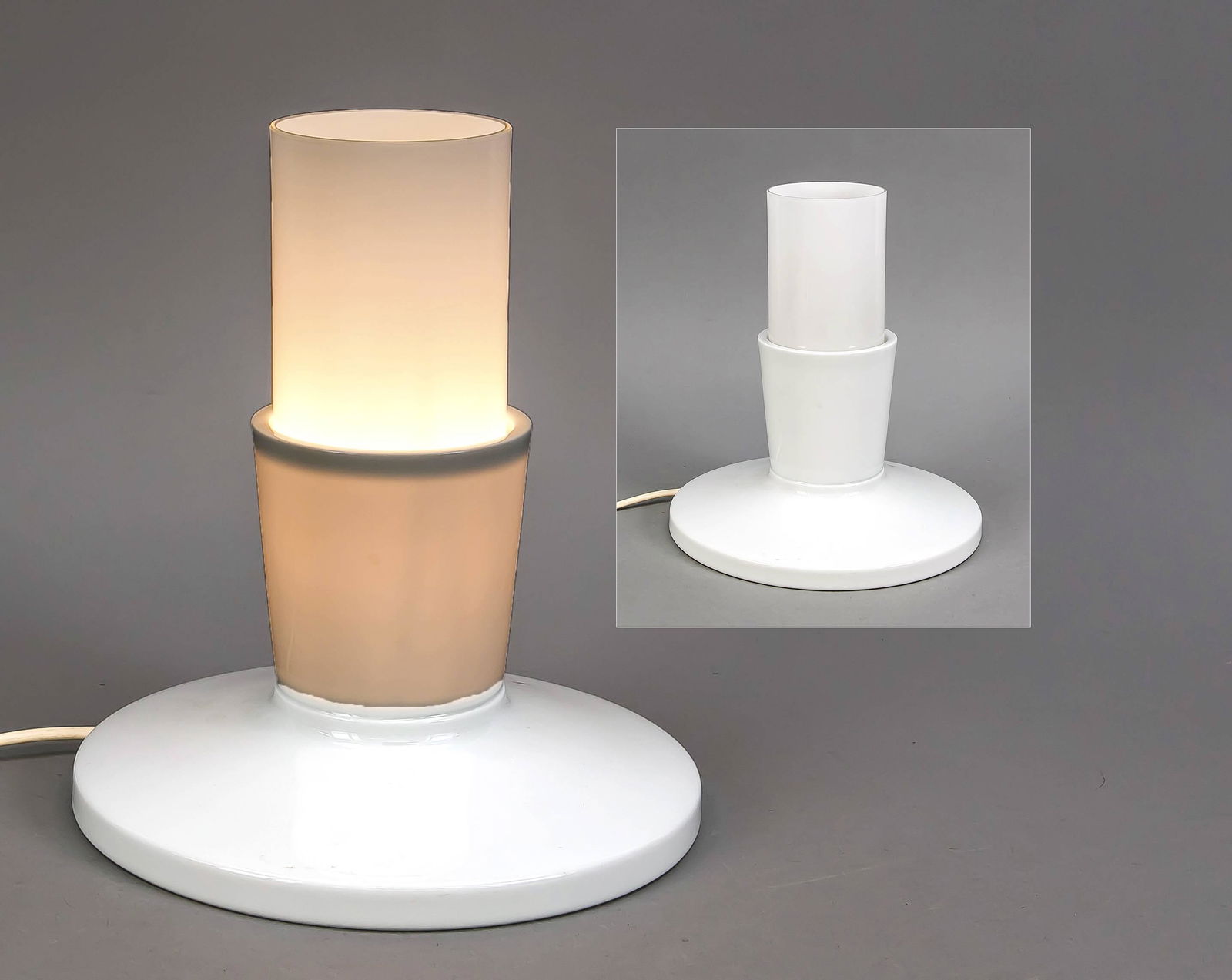 Table lamp, Rosenthal, studio: Table lamp, Rosenthal, studio line after 1969, designed by Michael Young, signed on the bottom, white lamp base, Ø 24 cm, cylindrical glass bell, electr., Total h. 28 cm