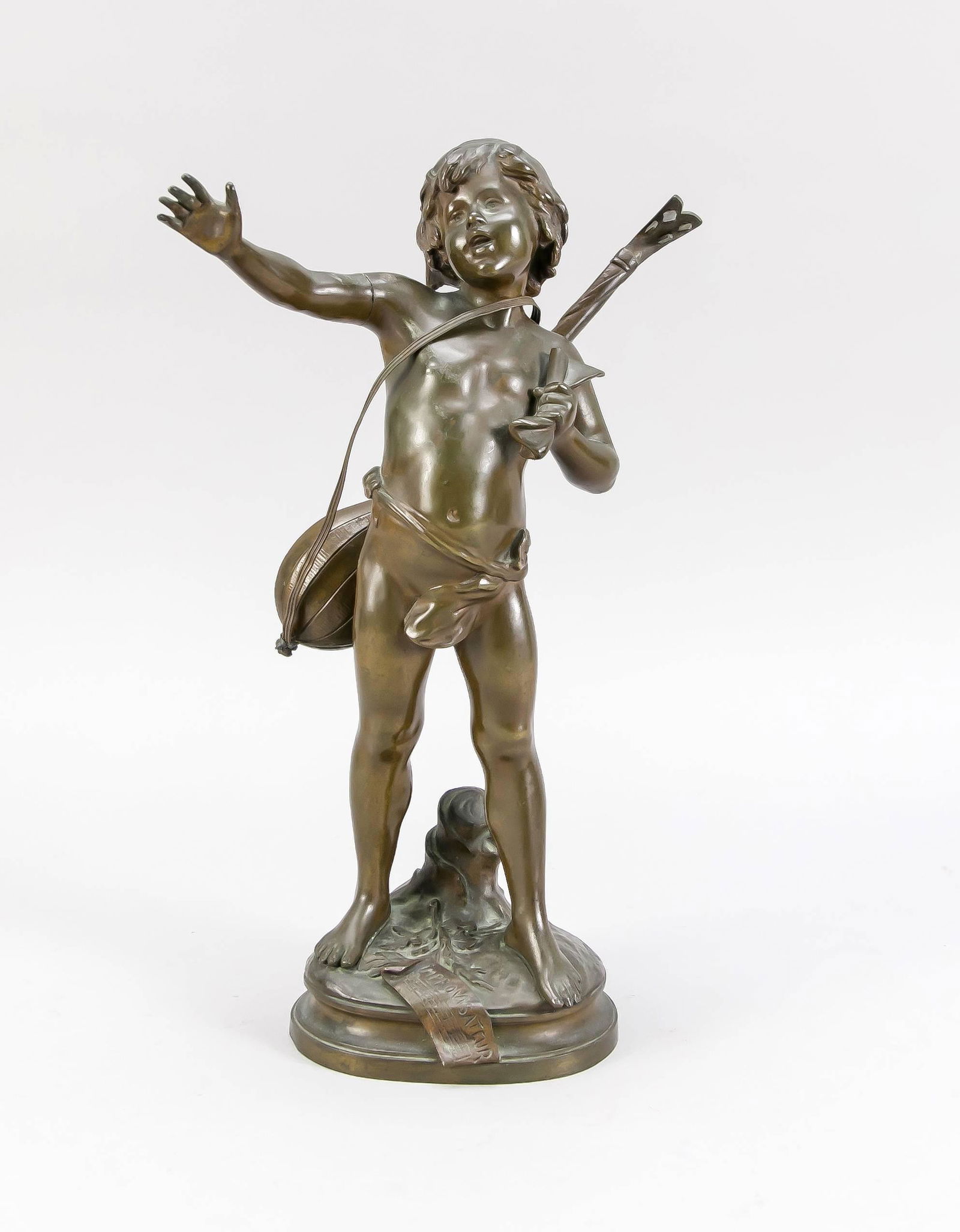 Auguste Moreau (1834-1917), Fr: Auguste Moreau (1834-1917), French Art Nouveau sculptor, ''improviser'', singing boy with pendant lute, brown patinated bronze, in the stand sign. u. bez., the raised arm slightly loosened at the bump