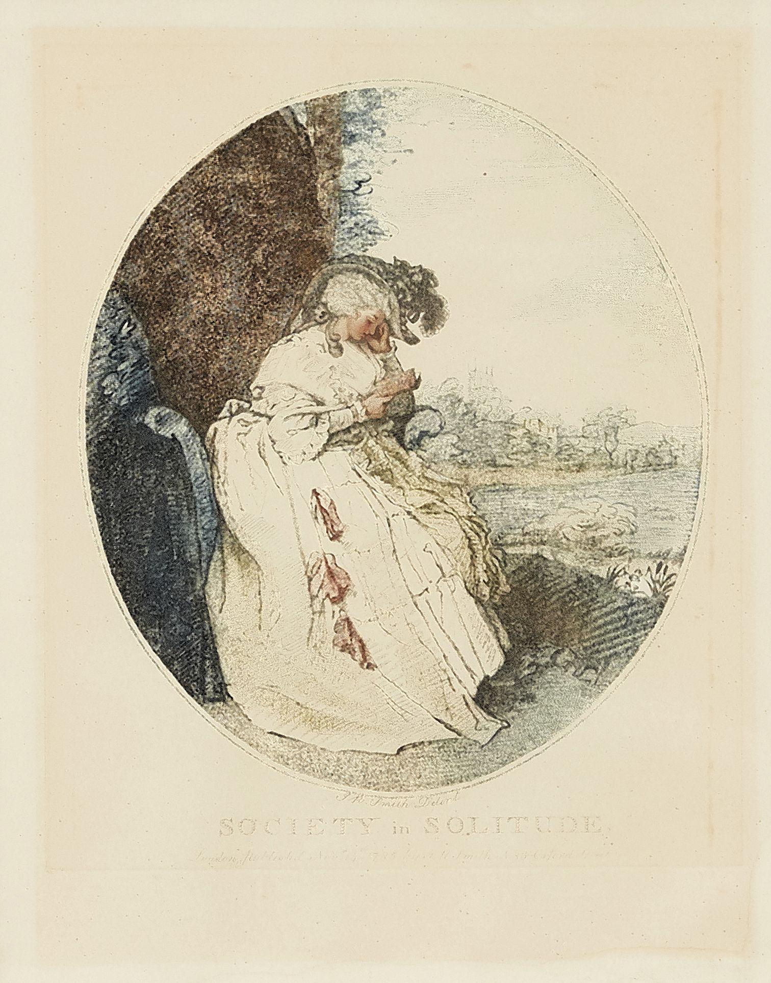 John Raphael Smith (1752-1812: John Raphael Smith (1752-1812), "Society in Soitude", galante Dame bei der Lekture am Seeufer, farbige Radierung in Crayonmanier, am u. Rand in der Platte sign. u. bez., hg. in London 1785, Lichtrand,