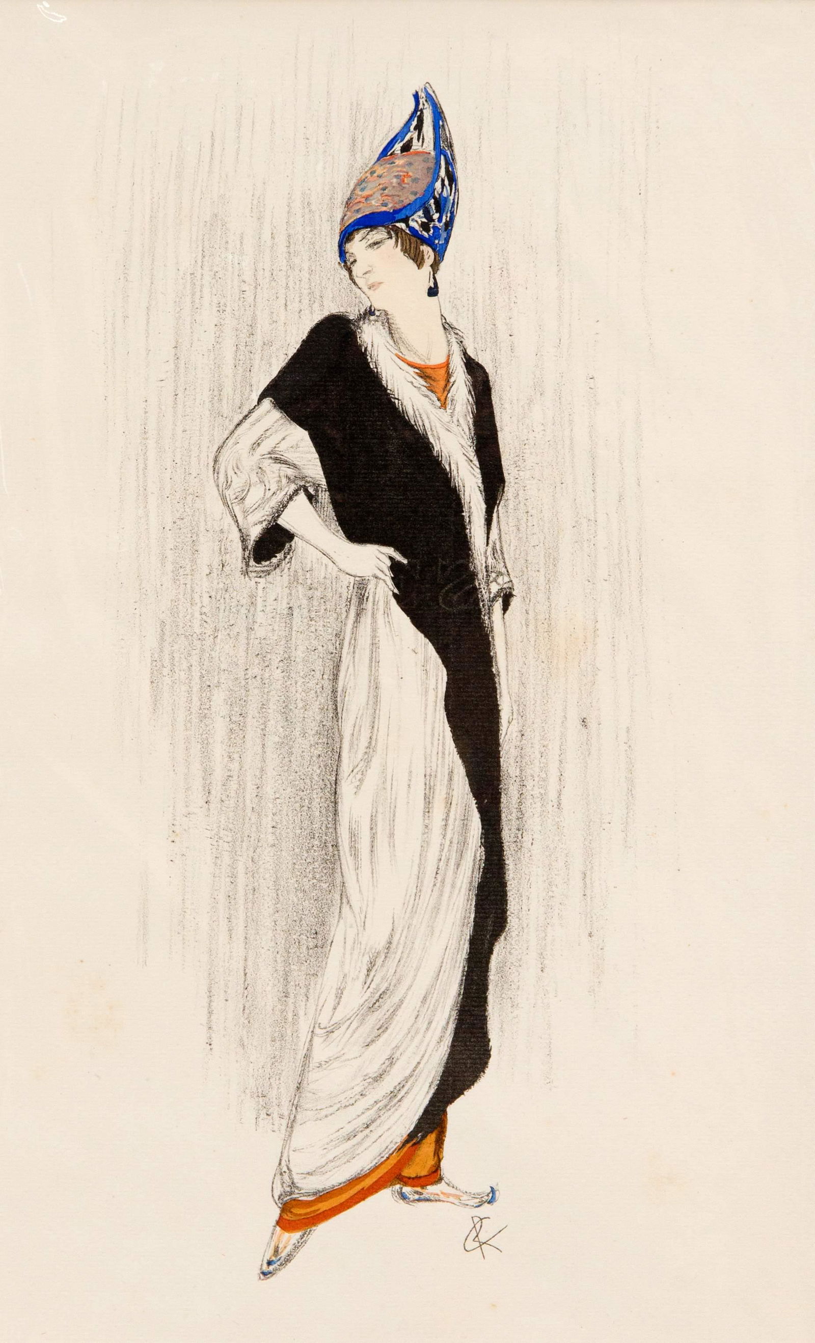 Paul Iribe (1883-1935), hand-: Paul Iribe (1883-1935), hand-colored color lithograph from: ''L'éventail et la fourrure chez Paquin. Dessins de Paul Iribe, George Barbier, Georges Lepape'', u. re. monogr. ''CR'' (?), 37 x 23 cm