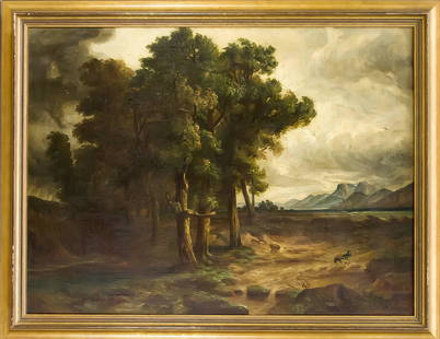 H. Vogel after Alexandre Cala: H. Vogel after Alexandre Calame (1810-1864), 19th cent., ''Oak in the storm,'' Man with Dogs flee from gathering storm, oil on canvas, signed, 60 x 80 cm, framed 71 x 91 cm