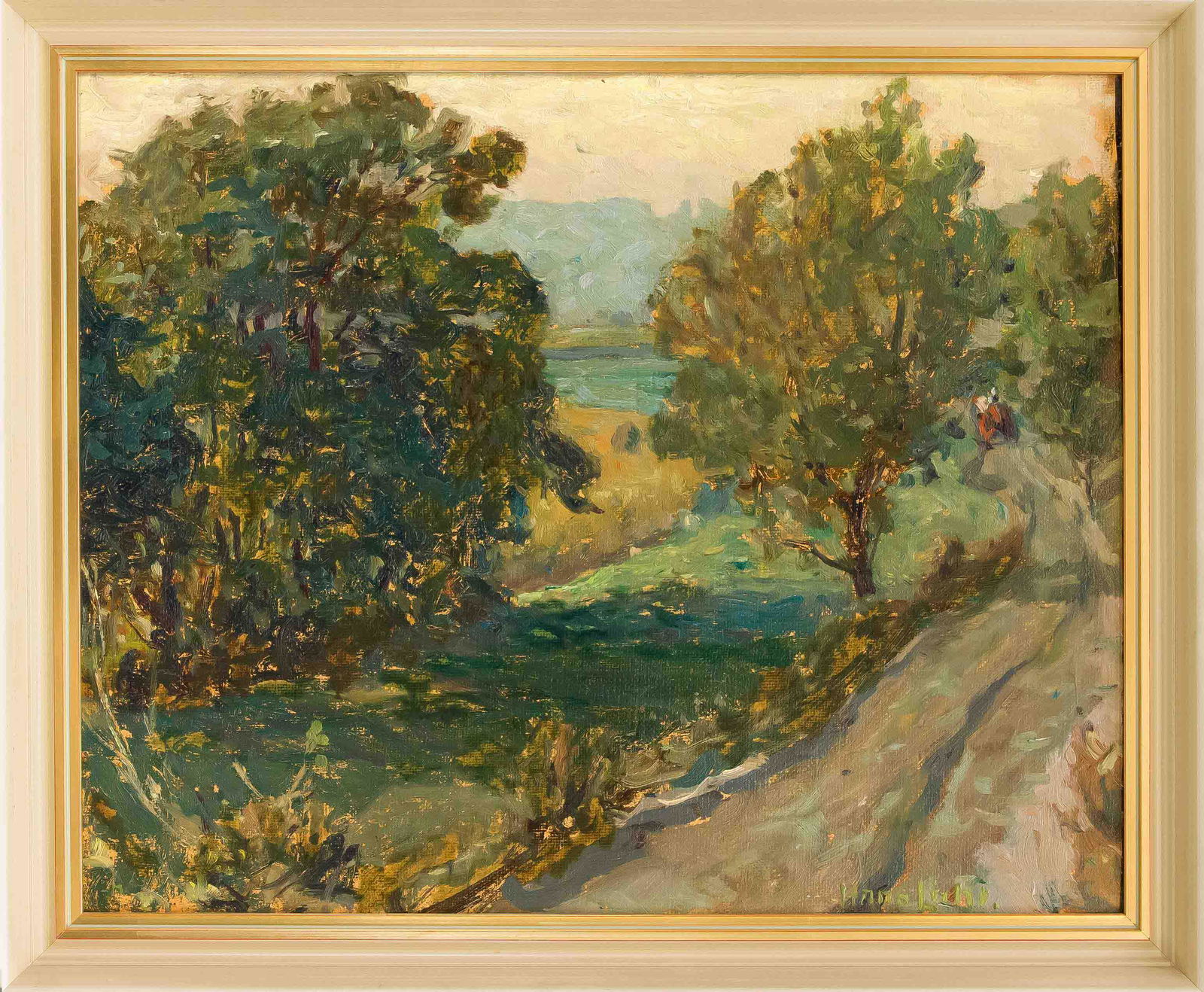 Hans Licht (1876-1935), lands: Hans Licht (1876-1935), landscape painter of German impressionism, studied in Berlin Bracht and Hertel. Impressionist summer landscape, oil on cardboard, u. re. signed, verso inscribed ''The dirt road
