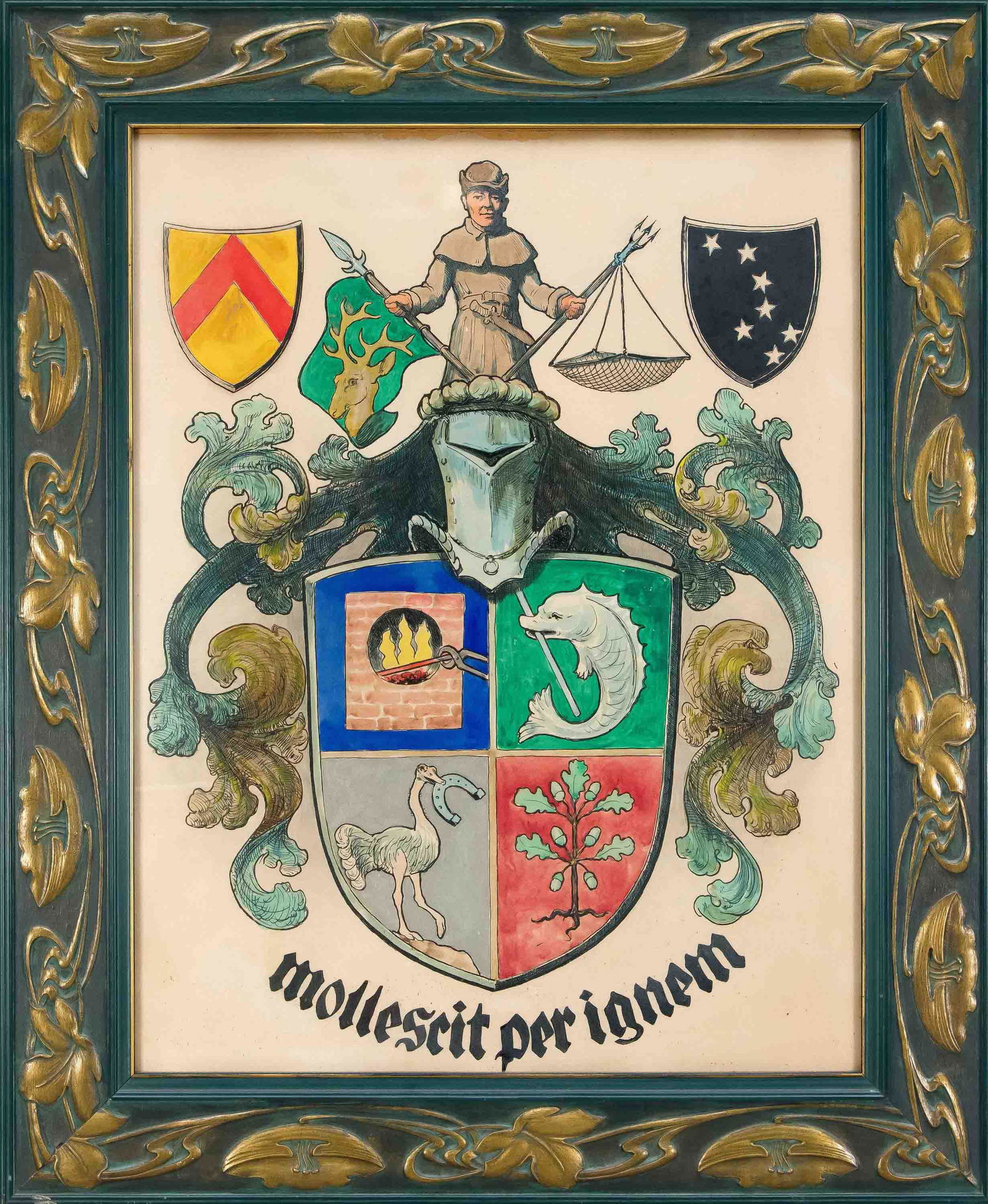Heraldry --- large coat of ar: Heraldry --- large coat of arms around 1900, watercolor and pen on paper, coat of arms with motto ''Mollescit per ignam'' (is softened by fire), in floral relief Art Nouveau frame behind glass 83 x 68