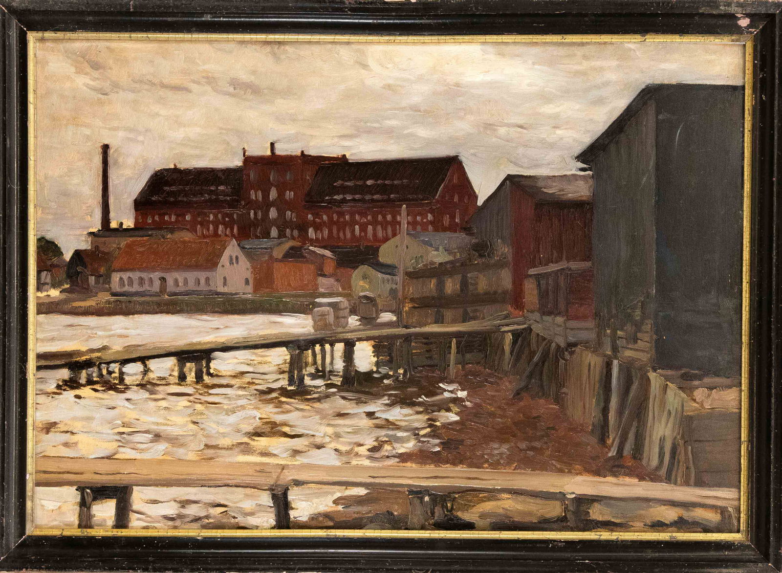 Johannes Hänsch (1875-1945),: Johannes Hänsch (1875-1945), studied at the KA Berlin with P. Prozess, E. Bracht, Fr. Kallmorgen and Albert Hertel, ''Fabrik an der Spree'', oil on cardboard, unsigned, label on the reverse of th
