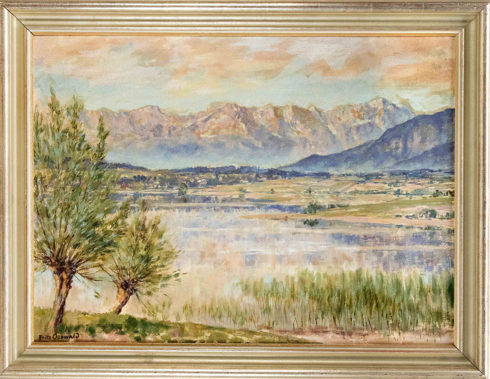 Fritz Osswald (1878-1966), Sw: Fritz Osswald (1878-1966), Swiss Impressionist painter, summer landscape with lake in front of a mountain range, oil on hardboard, u. li. signed, 58 x 76 cm, fr. 70 x 90 cm