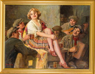 Richard Geiger (1870 / 82-194: Richard Geiger (1870 / 82-1945), pub scene with men playing music, who huddles around a singing young woman, oil on canvas, and the like. left signed, calc., 60 x 80 cm, fr. 69 x 89 cm