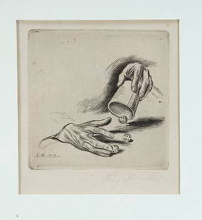 Richard Müller (1874-1954), ': Richard Müller (1874-1954), ''Chance'', two hands with a cube cup, etching, u. re. handsigned in pencil and in the plate u. left monogr. u. dat. 1919, 10 x 10 cm, behind glass ger. 29 x 25 cm