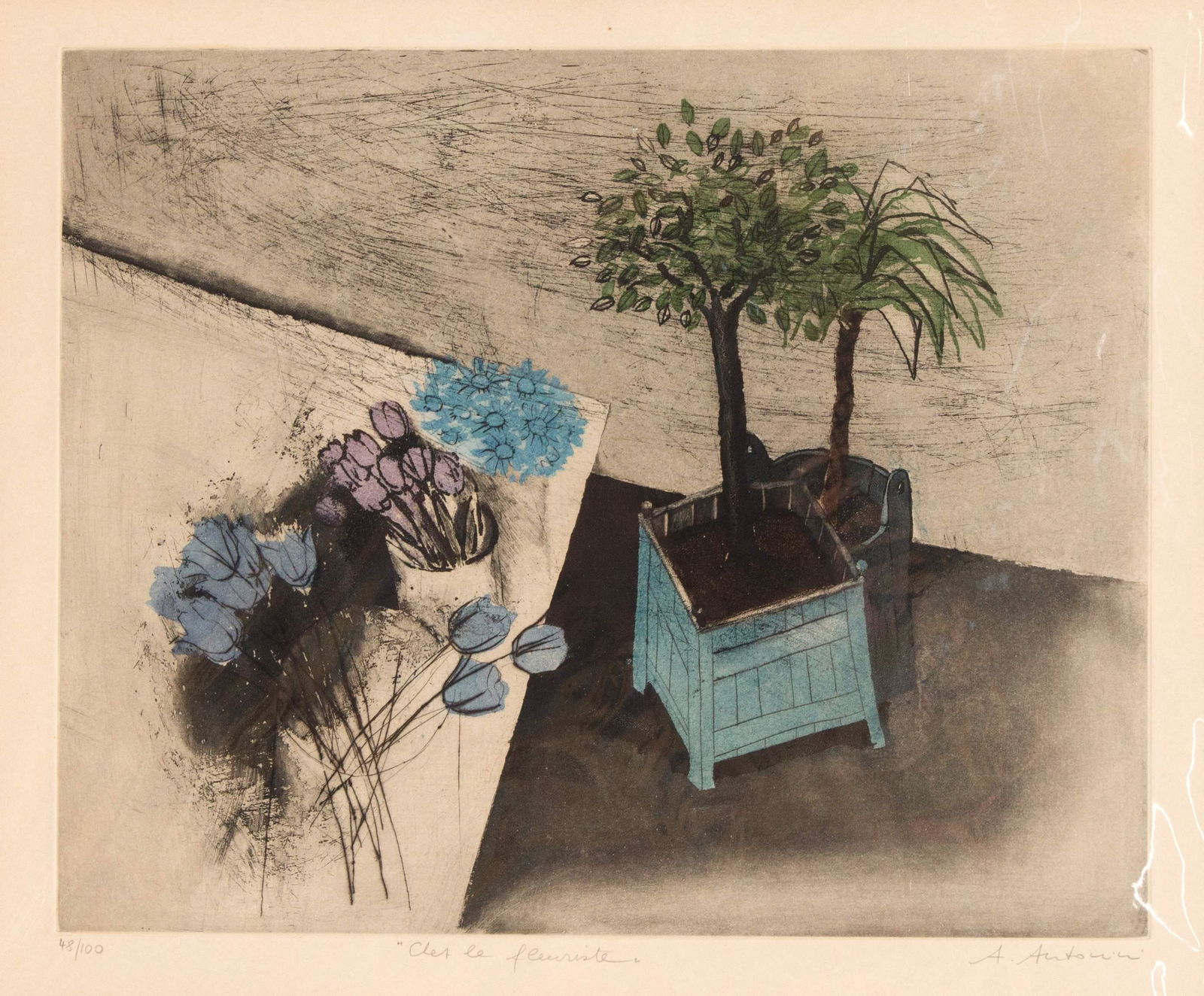 Annapia Antonini (* 1942), Sw: Annapia Antonini (* 1942), Swiss artist, ''Chez le fleuriste'', color etching with aquatint, a. re. handsigned, titled and numbered 48/100, 32.5 x 39.5 cm, behind PP 56 x 66 cm