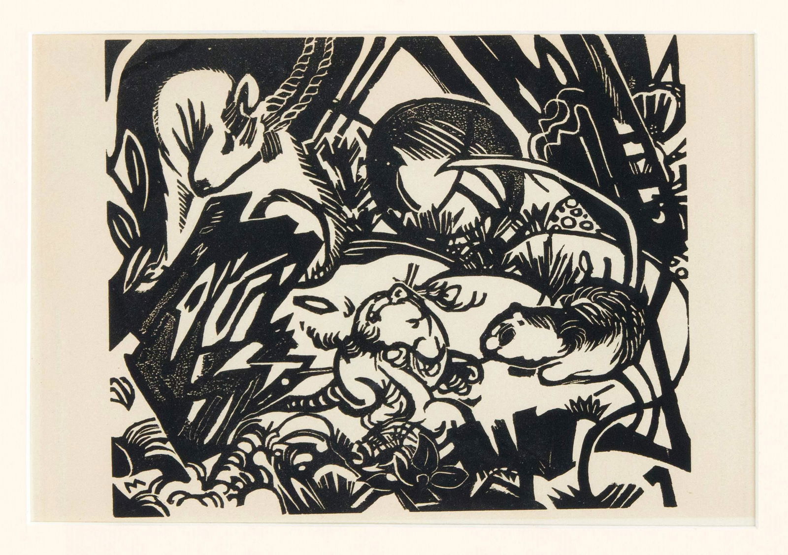 Franz Marc (1880-1916), ''Fro: Franz Marc (1880-1916), ''From the animal legend'', woodcut on greenish laid paper, verso typographically referenced. ''Franz Marc / From the animal legend. Original woodcut.'', 19.5 x 24 cm, behind g