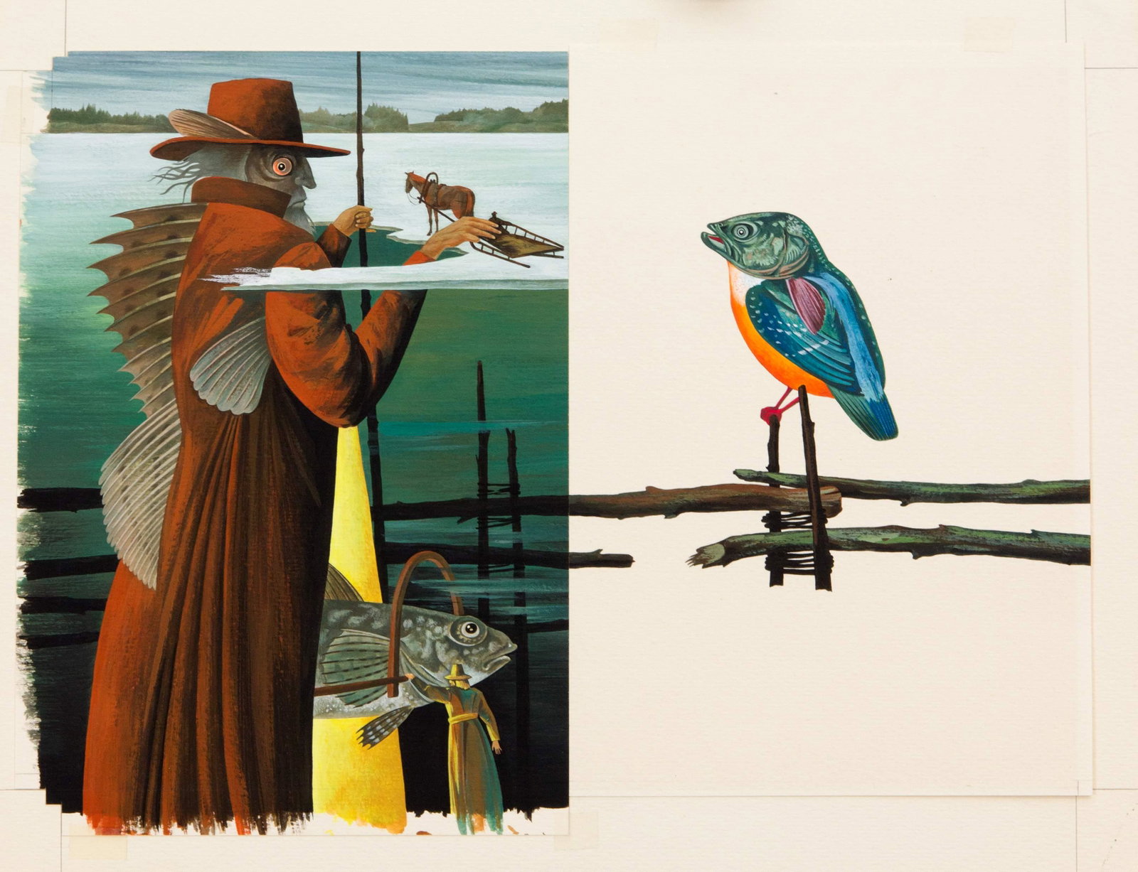Jaan Tammsaar (* 1949), Eston: Jaan Tammsaar (* 1949), Estonian illustrator and surrealist from Tallinn. Surreal representation of fish, gouache on machine-made paper, unsigned, 25 x 34 cm, behind p. 31 x 38 cm