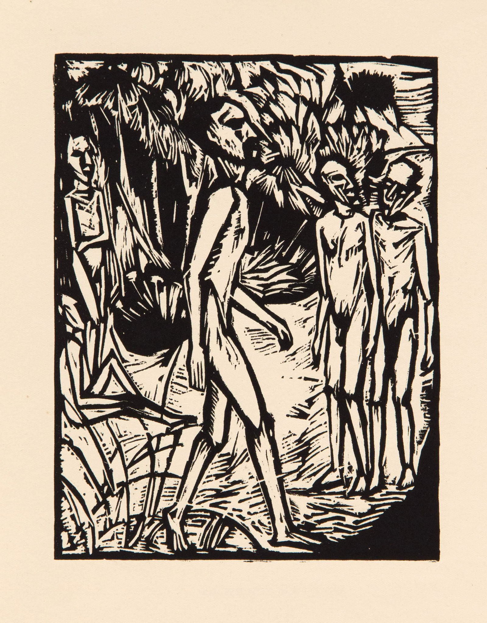 Erich Heckel (1883-1970), ''M: Erich Heckel (1883-1970), ''Men on the Beach'', woodcut on wove paper, on the reverse typographical reference ''I. Erich Heckel, woodcut'', published in Paul Küpper's ''Das Kestnerbuch'', Hanover