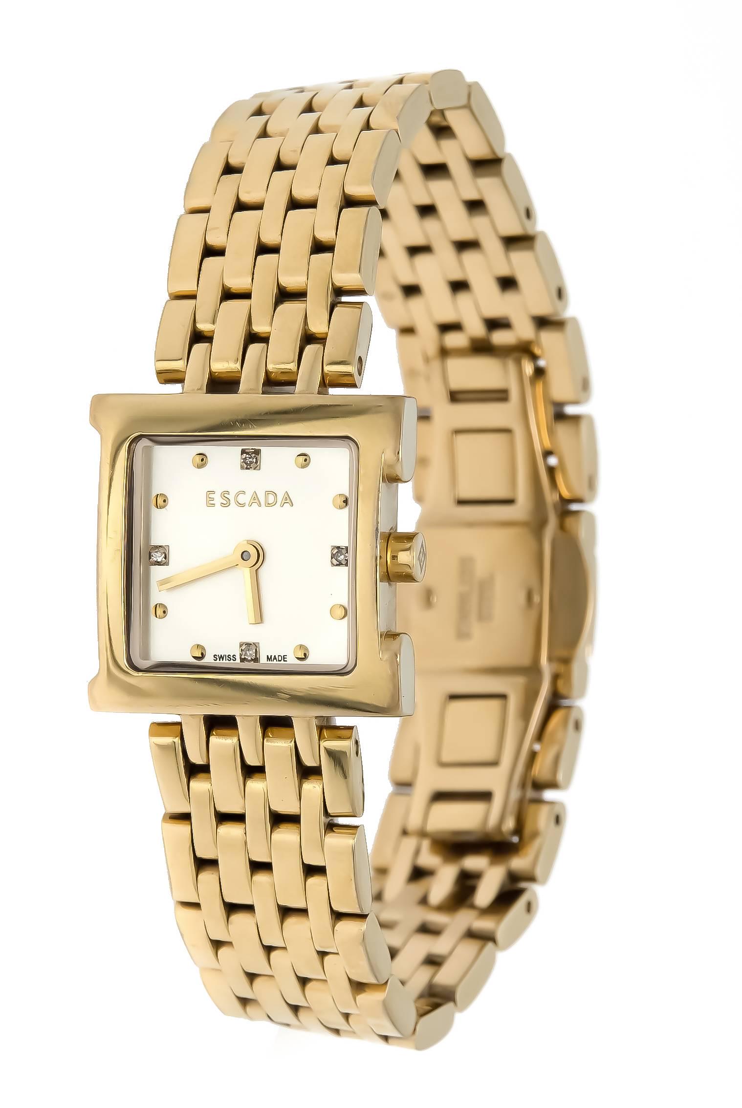 Escada, Damenquarzuhr, Re: Escada, Damenquarzuhr, Ref. E 3005000, vergoldet, silberf. Zifferblatt mit vergoldeten Punktindizies und Zeigern, 22x22mm, H. 7mm, Gliederarmband mit Schmetterlingsfaltschließe, Uhrwerk läuf