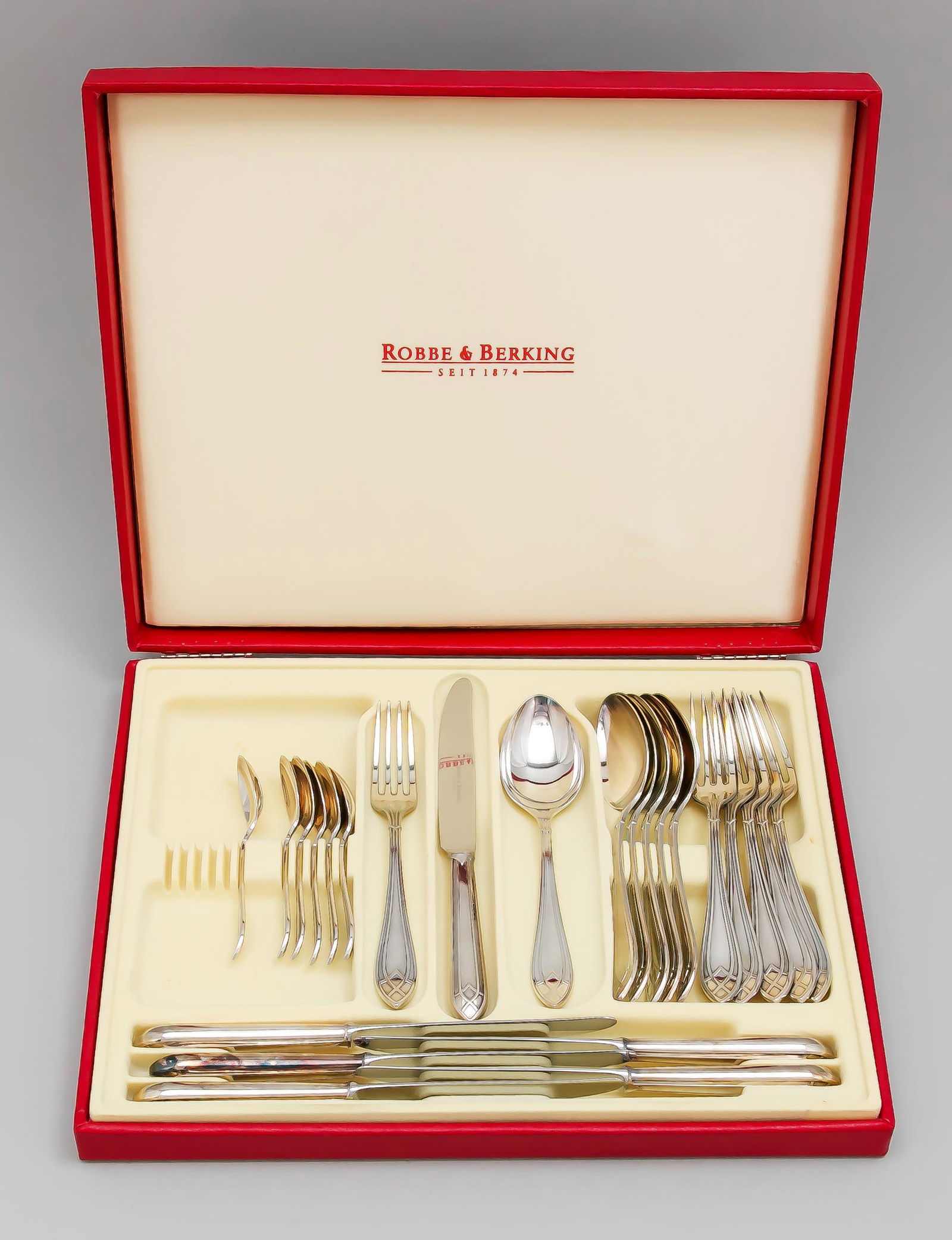 Cutlery for six persons,: Cutlery for six persons, German, 20th century, hallmarked Robbe & Berking, Flensburg, plated, model Arcade, 6 forks, 6 knives, 6 spoon and 6 coffee spoon, l. up to 23.5 cm, in a box, l. 38.5 cm
