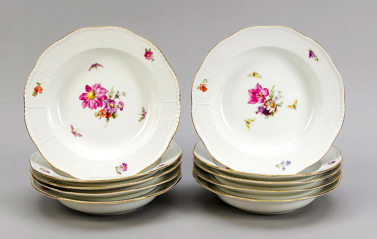 Ten soup plates, KPM Berl: Ten soup plates, KPM Berlin, beginning 20th century, 1st quality, red orb mark, form Ozier, polychrome flower and insect painting, gold rim, Ø 23.5 cm