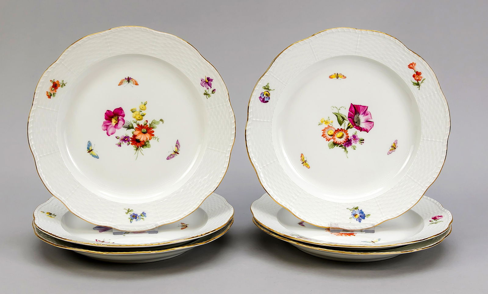 Six dinner plates, KPM Be: Six dinner plates, KPM Berlin, beginning 20th century, 1st quality, red painters mark, form Ozier, polychrome flower and insect painting, gold rim, Ø 24.5 cm