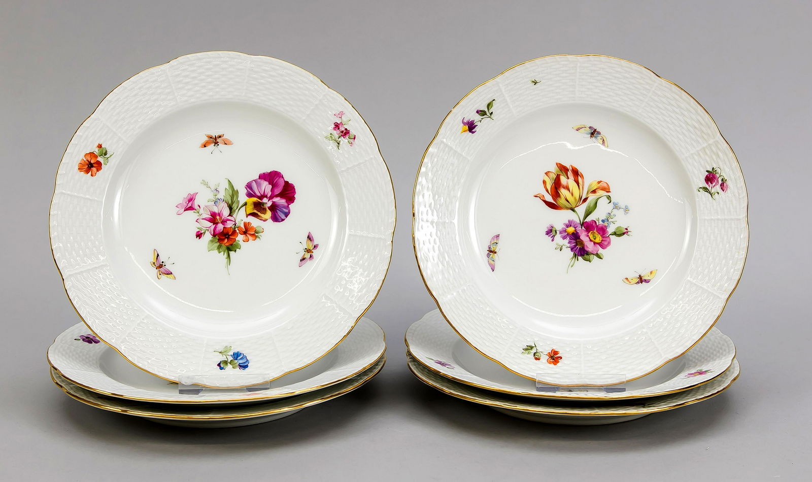 Six starter plates, KPM B: Six starter plates, KPM Berlin, beginning 20th century, 1st quality, red painters mark, form Ozier, polychrome flower and insect painting, gold rim, Ø 21.5 cm