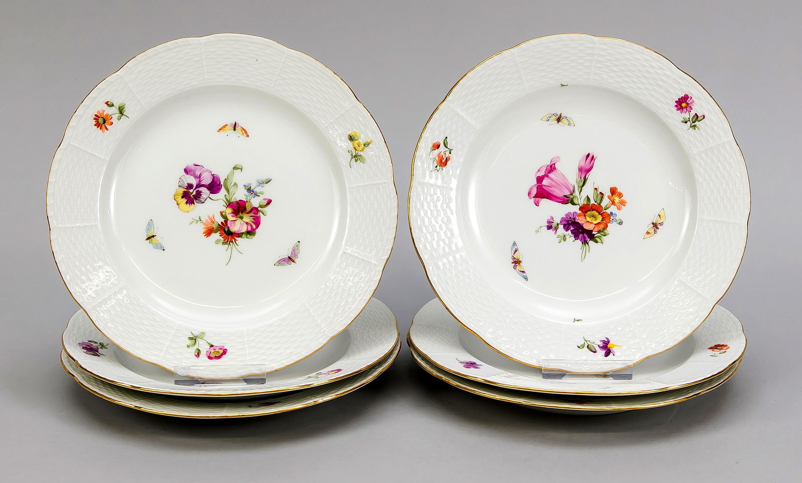 Six starter plates, KPM B: Six starter plates, KPM Berlin, beginning 20th century, 1st quality, red painters mark, form Ozier, polychrome flower and insect painting, gold rim, Ø 21.5 cm