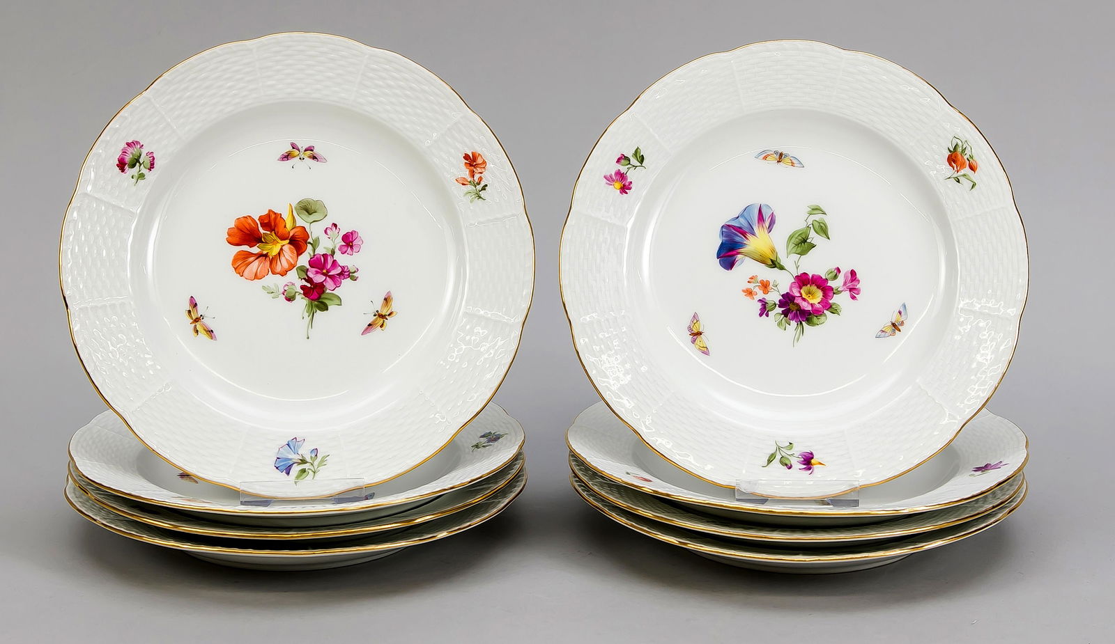 Eight starter plates, KPM: Eight starter plates, KPM Berlin, beginning 20th century, 1st quality, red painters mark, form Ozier, polychrome flower and insect painting, gold rim, Ø 21.5 cm