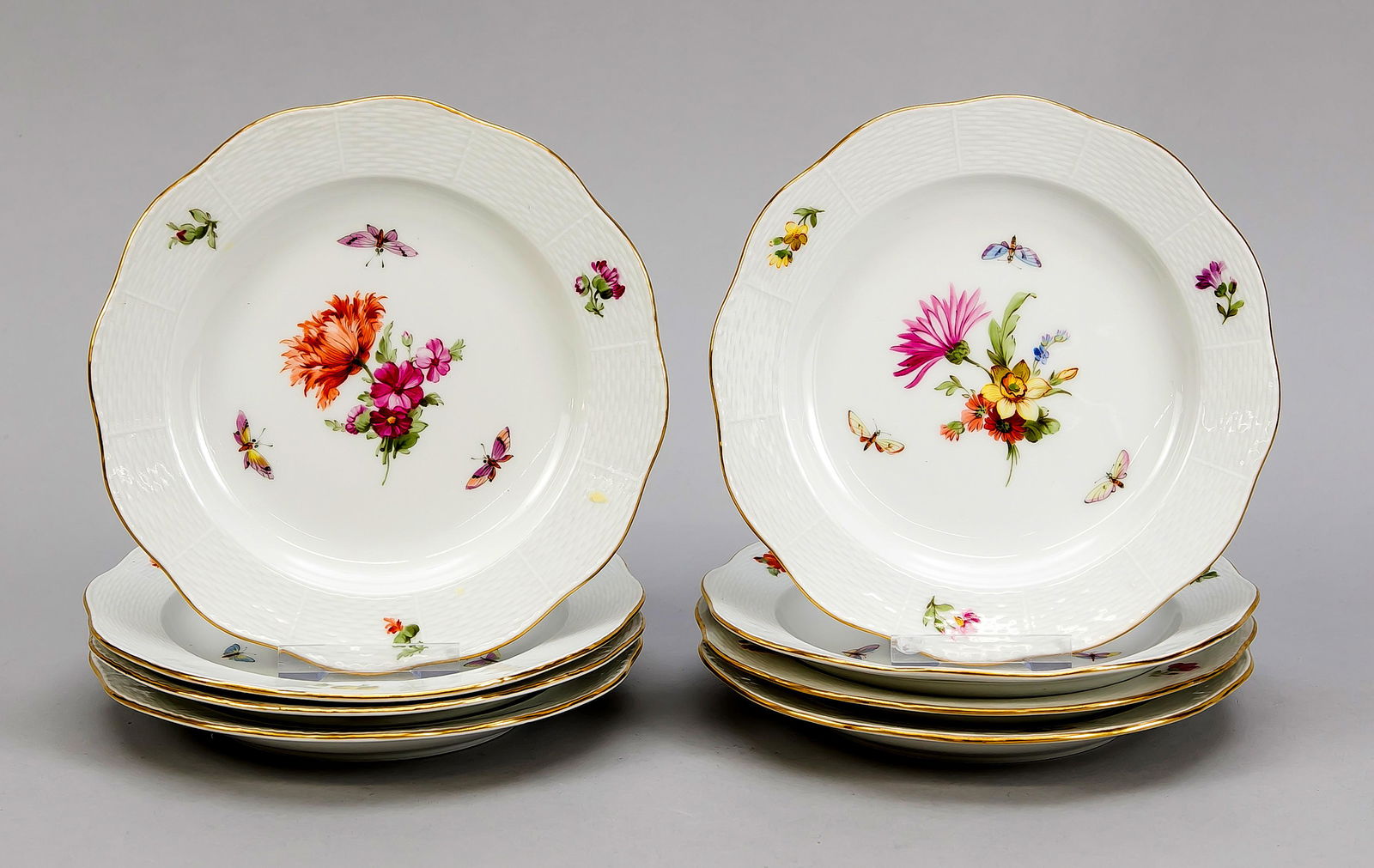 Eight cake plates, KPM Be: Eight cake plates, KPM Berlin, beginning 20th century, 1st quality, red orb mark, form Ozier, polychrome flower and insect painting, gold rim, Ø 17.5 cm