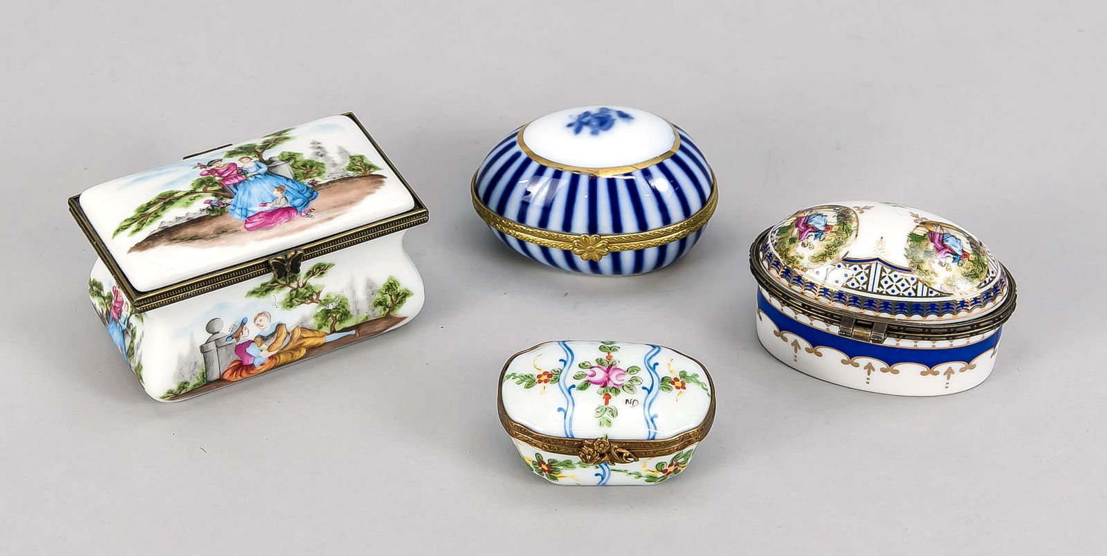Four decorative boxes, Fr: Four decorative boxes, France, some Limoges, 20th century, various shapes and decors, polychrome painted, some with gallant scenes after Watteau, metal montages, L. 5.5-9 cm