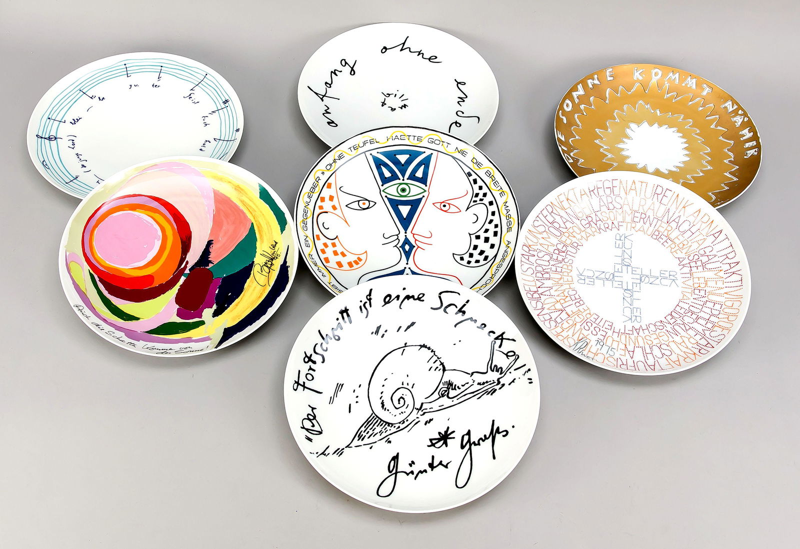 Seven artist plates, Rose: Seven artist plates, Rosenthal, Studio-Line, polychrome decors, artist plate No. 1, Günter Grass, No. 2, Jean Cocteau, No. 4, Otto Piene, Original Box, No. 5 Max Bill, Original Box,, No. 6, Hans