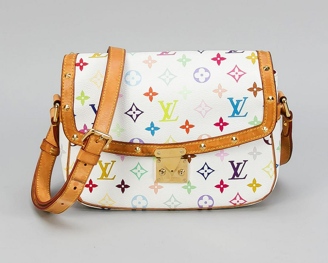 Louis Vitton Sologne multi-col: Louis Vitton Sologne multi-color shoulder bag M92661, white leather with multicolored logo and decorative brass rivets, dark red fabric on the inside, somewhat stained inside, otherwise only slight si