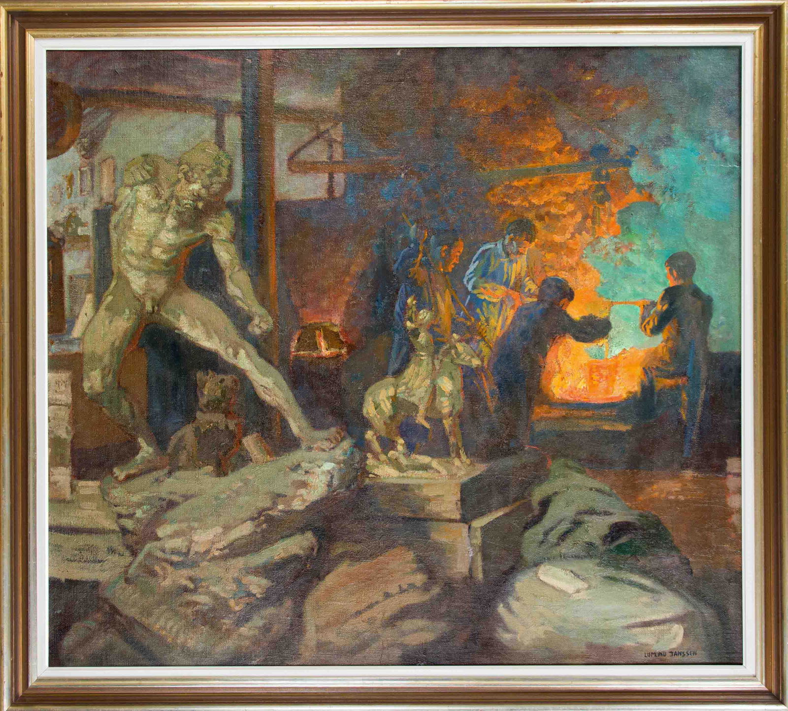 Luplau Janssen (1869-1927), Da: Luplau Janssen (1869-1927), Danish genre painter. In the bronze foundry. Effectively illuminated workshop with glowing liquid metal with various sculptures, oil on canvas, etc. re. signed., 90 x 105 c