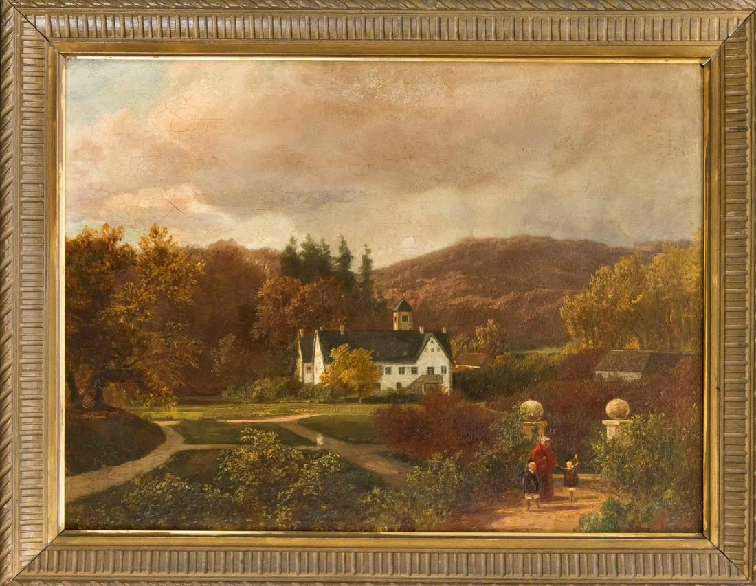 Robert Krause (1813-1885), ''T: Robert Krause (1813-1885), ''Tyrsbeck bey Weile. Jutland'', manor house in a hilly landscape with staffage figures in the foreground, oil on canvas, and the like. re. monogrammed and dat. ''RK 1855'',