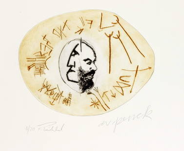 A.R. Penck (1939-2016) and Fra: A.R. Penck (1939-2016) and Frank Breidenbruch (* 1963), Janus head with archaic signs, color etching of an oval plate, teamwork from the Centro Spirituale - Heavenly Stürzer project, hand-signed