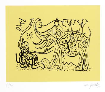A.R. Penck (1939-2016), ''Gelb: A.R. Penck (1939-2016), ''Gelber Elefant'', giclee print on firm paper, u. re. handsigned in pencil, u. left num. 31/60, 40.5 x 50 cm, sheet size 52 x 61.5 cm