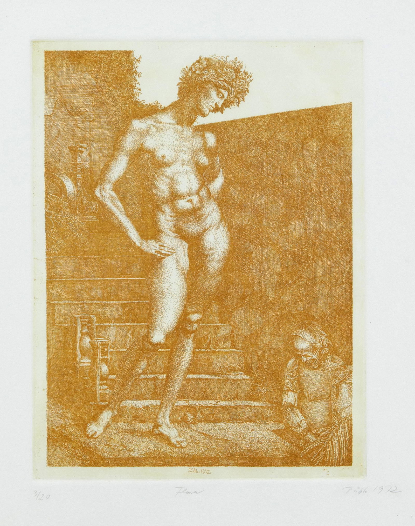 Werner Tübke (1927-2004), Flor: Werner Tübke (1927-2004), Flora, Radierung in Ockergelb, 1972, u. re. Handsign. u. dat., mittig bez., u. li. Num. 3/20, 30,5 x 22 cm, Blattmaße 45 x 35,5 cm, hinter Glas im Wechselrahmen 60