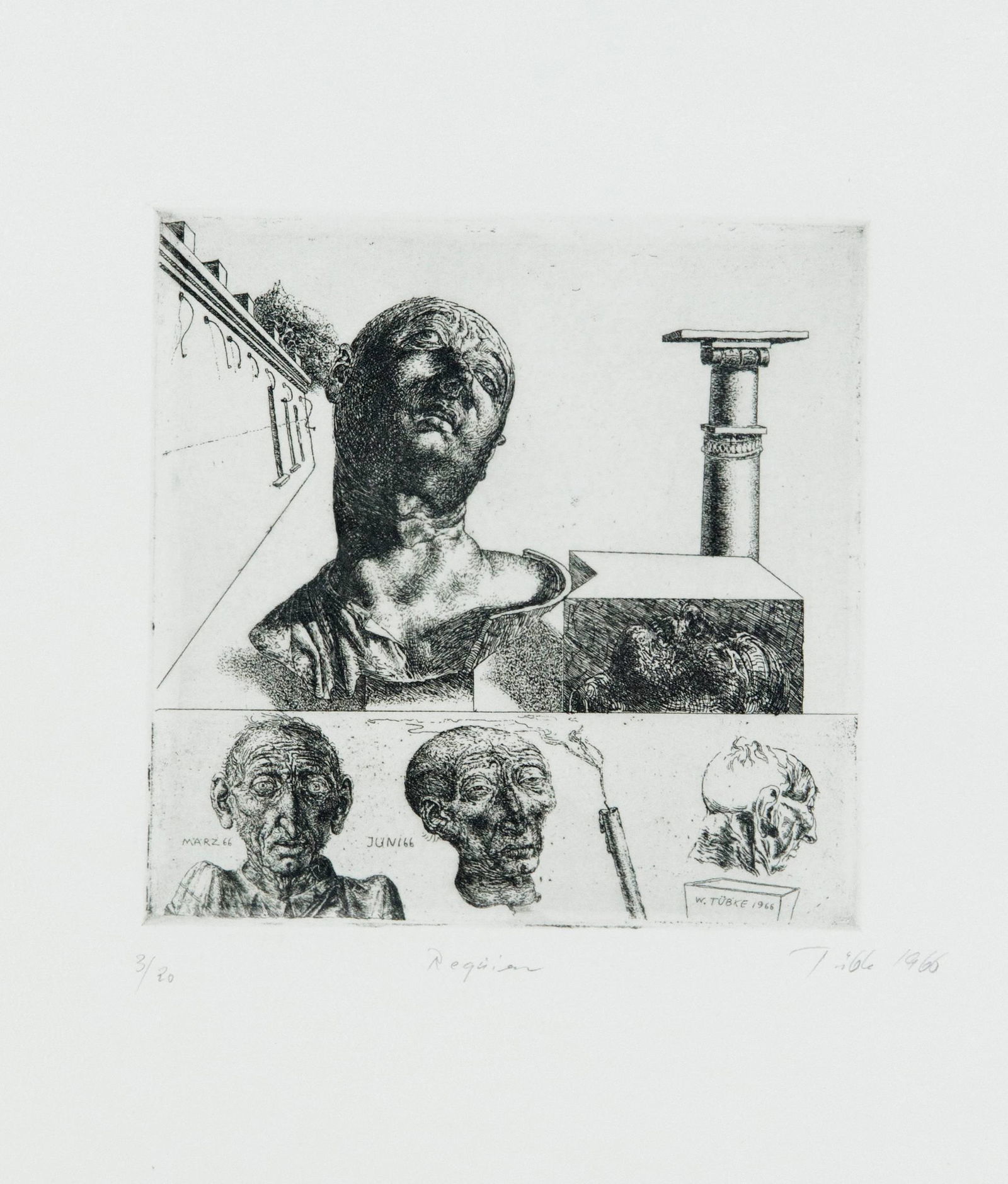 Werner Tübke (1929-2004), ''Re: Werner Tübke (1929-2004), ''Requiem'', etching, u. re. handsign. u. dat. 1966, titled in the middle, u. left num. 3/20, 17.5 x 17.5 cm, sheet dimensions 44.5 x 35.5 cm, behind glass straight 50 x