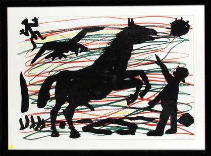 A.R. Penck (1939-2017), ''Hors: A.R. Penck (1939-2017), ''Horse, Eagle and Figure'', color offset on paper, u. re. signed in pencil, 57 x 81 cm, behind glass u. PP ger. 75 x 99 cm