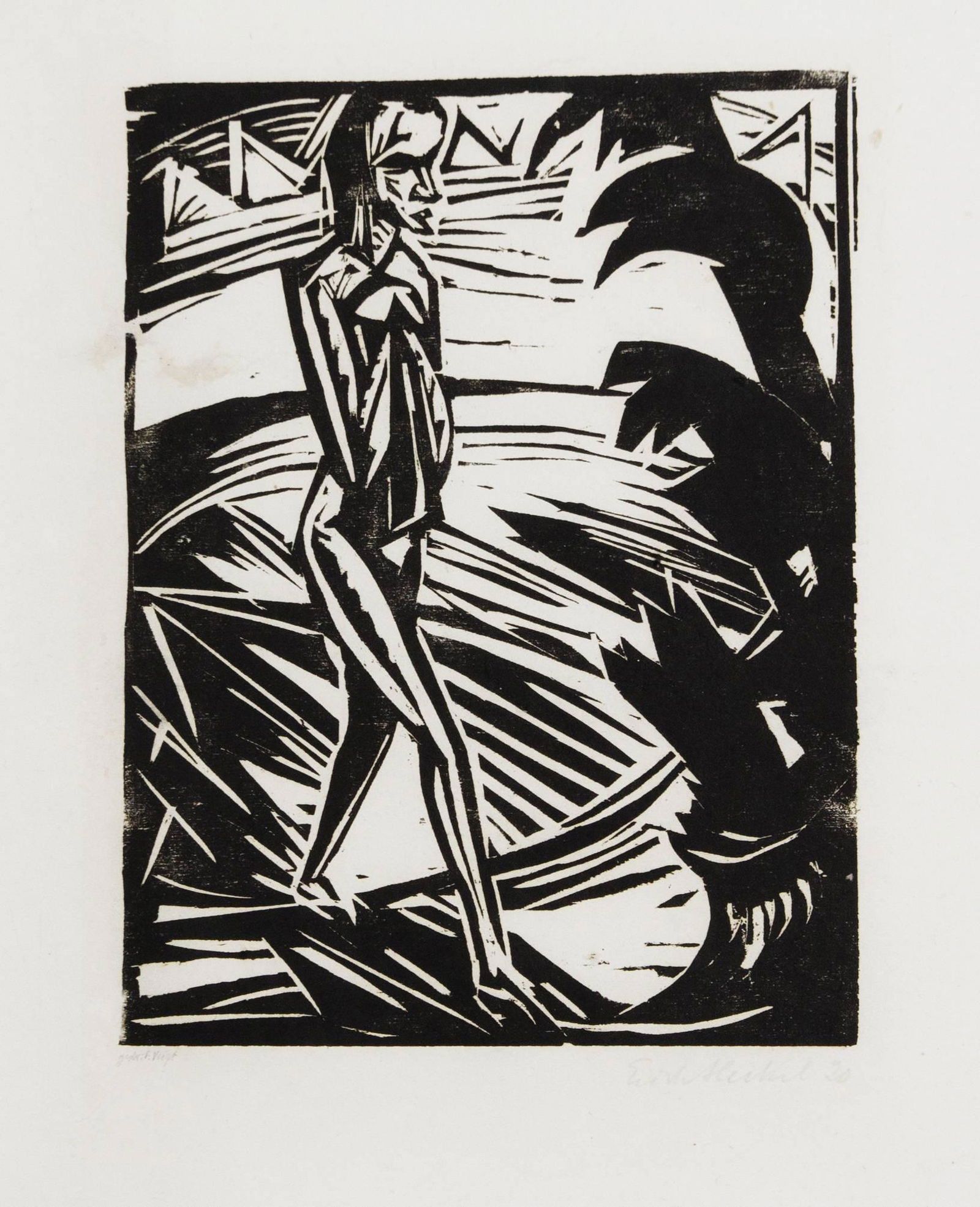 Erich Heckel (1883-1970), Stri: Erich Heckel (1883-1970), Striding, woodcut on Japan,, signed. u. date and right, ref. u. left ''Dr. P. Voigt'', Dube 325 A, rest. (without left rest. crack approx. 12 cm long, in print without left r