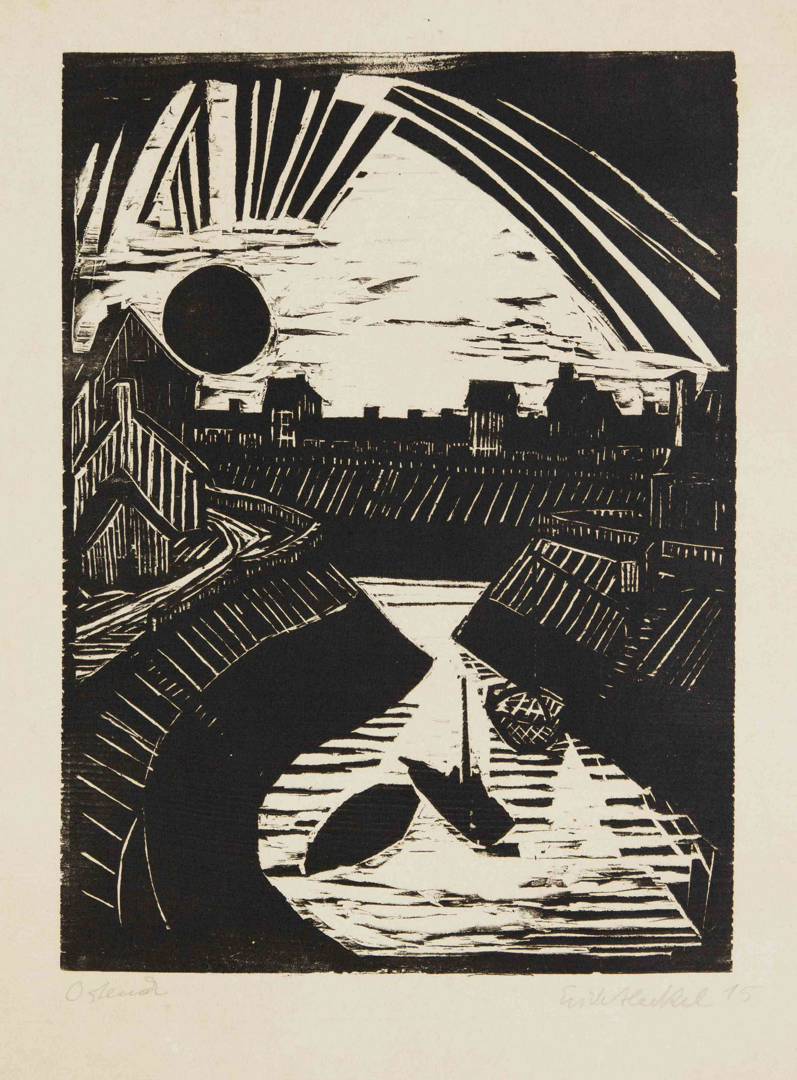 Erich Heckel (1883-1970), Oste: Erich Heckel (1883-1970), Ostend (Krummer Canal), u. re. handsign. u. dat. (19) 15, titled u. dat., overall browned, light margins, sheet edges with creases, or right outside the illustration with a t