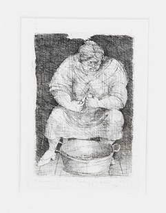 Domenico Gnoli (1933-1970), It: Domenico Gnoli (1933-1970), Italian painter and graphic artist. ''Peeling potatoes'', etching, 1961, on the. Edge handsigned, signed u. dat., 24 x 16.5 cm, behind glass u. PP ger. 54 x 43 cm