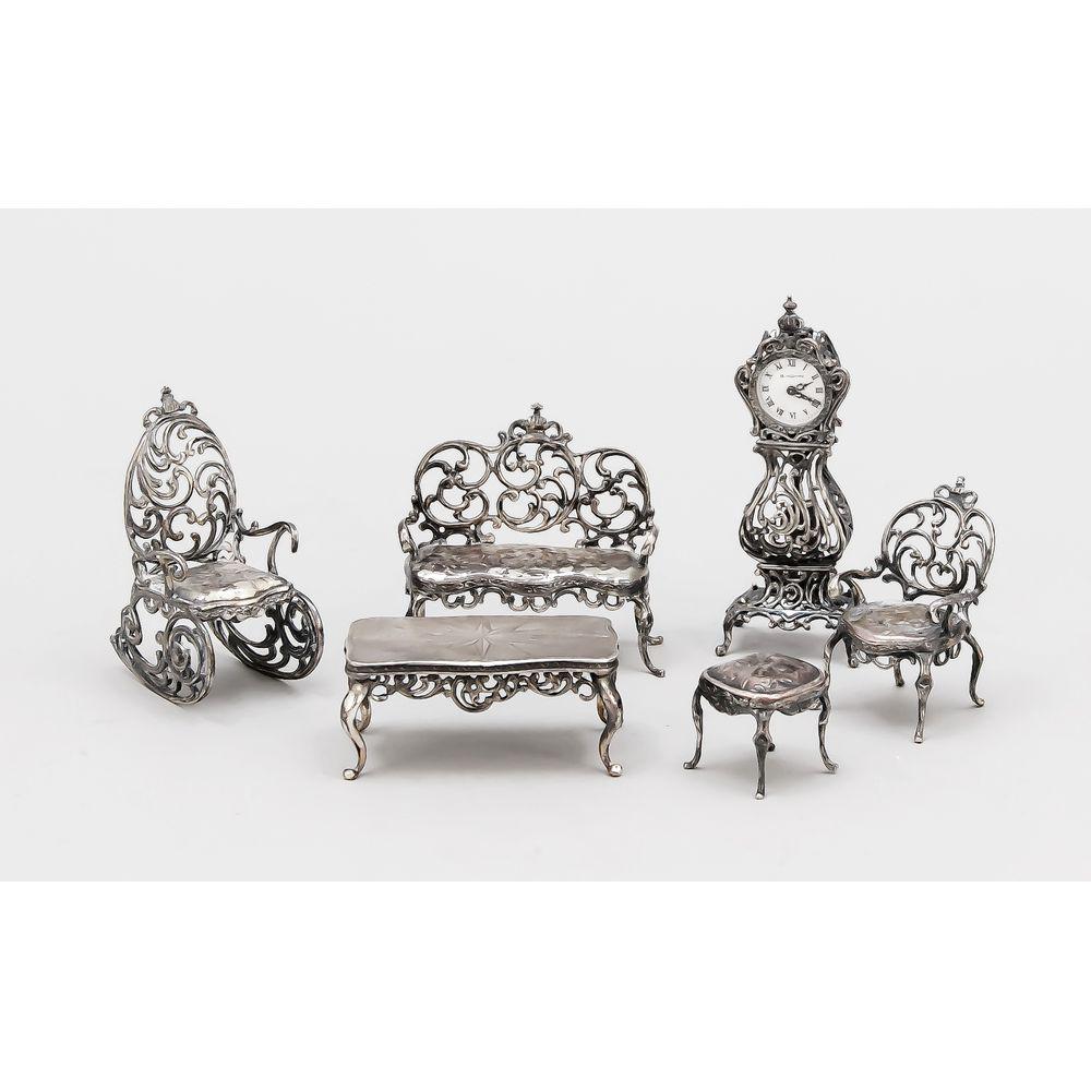 Six miniature pieces of furnit: Six miniature pieces of furniture, German, 20th century, hallmarked Gebr. KÃ¼hn, SchwÃ¤bisch GmÃ¼nd, Sterling silver 925/000, bench, armchair, stool, table, rocking chair and grandfather clock,