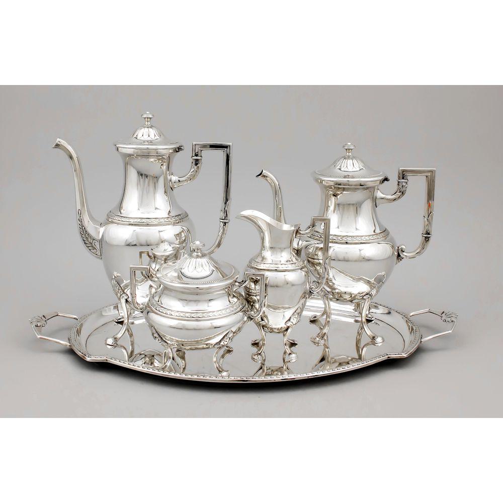Four-pieces coffee and tea set: Four-pieces coffee and tea set on a tray, German, around 1900, hallmarked WMF, Geislingen, plated, each on 4 feet, smooth bulgy body with a surrounding leaf relief garland, pots with hinged lid, h. up
