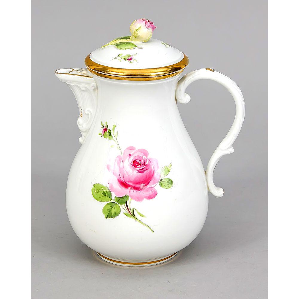 Kaffeekanne, Meissen, Marke 18: Kaffeekanne, Meissen, Marke 1850-1924, 1. W., Deckelknauf in Form einer RosenblÃ¼te, leicht best., polychrome Malerei, Dekor Rote Rose, breiter Goldrand, H. 22 cm