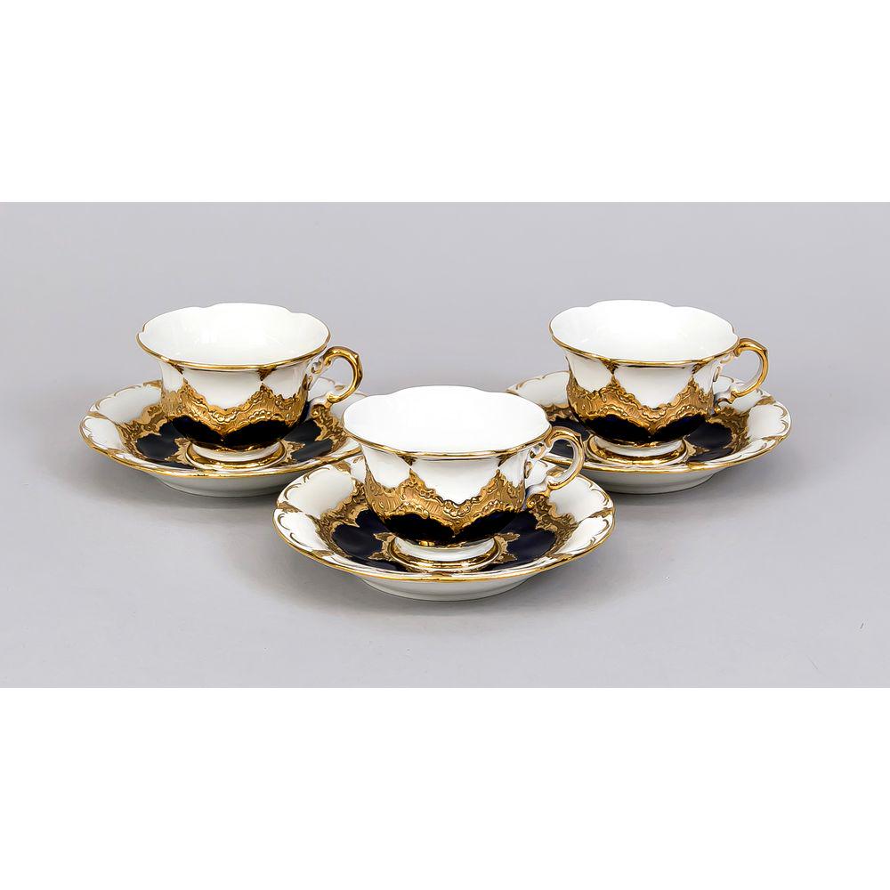 Three magnificent mocha cups w: Three magnificent mocha cups with sausers, Meissen, after 1950, 1st quality, B-shape, partly cobalt blue background, splendid gilding, partly matt, H. 6 cm