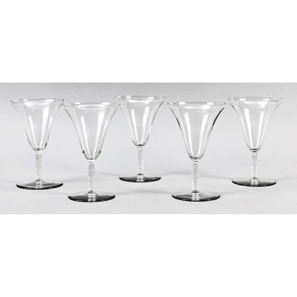 Five red wine goblets, France,: Five red wine goblets, France, 2nd half of the 20th century, Lalique, round disc base, slender shaft, curved top, clear glass, frosted on the shaft, with floral relief decoration, signed in the base, 