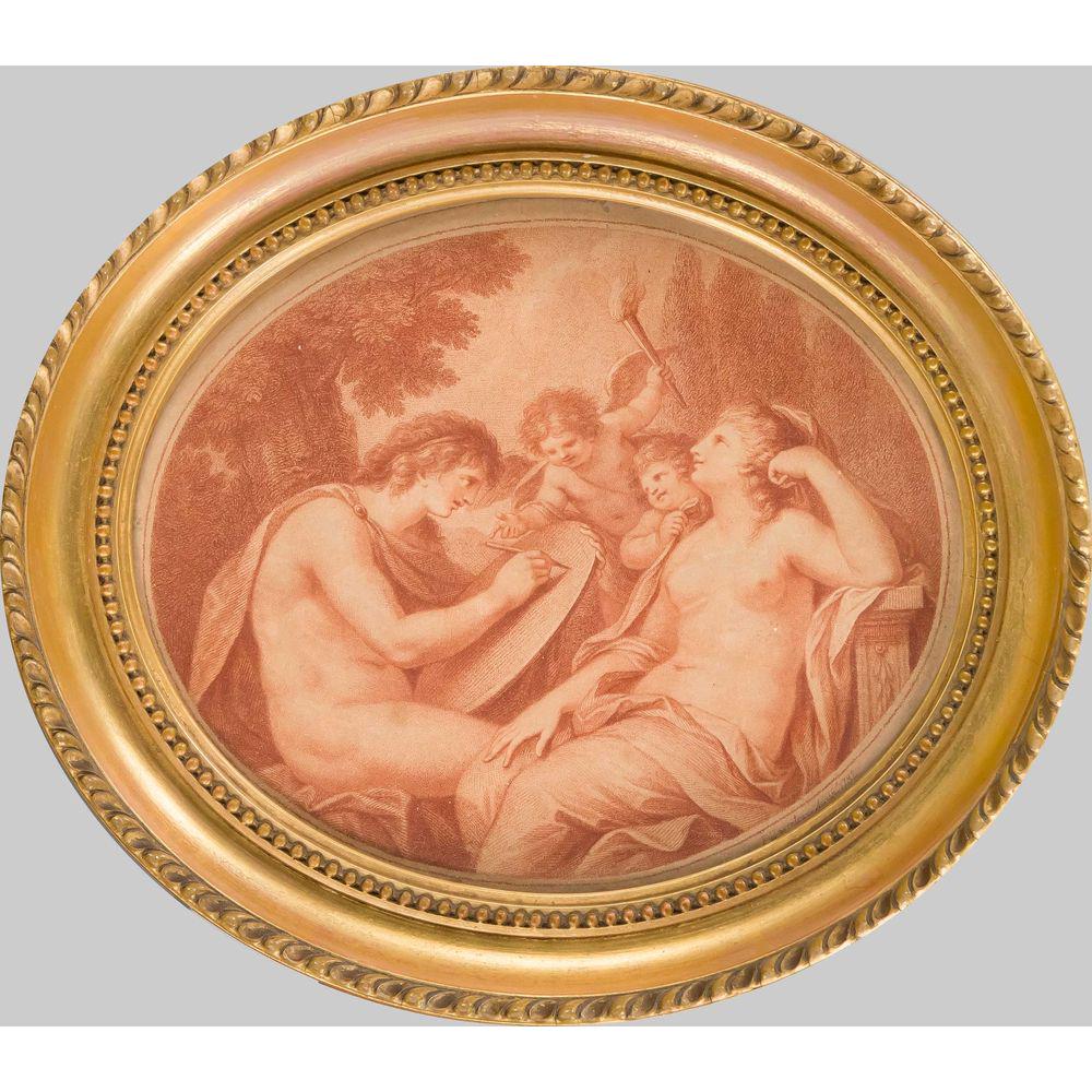 Francesco Bartolozzi (1727-181: Francesco Bartolozzi (1727-1815) after Giovanni Battista Cipriani (1727-1785), two red-colored dotted stitches with scenes from ancient mythology in an oval, behind glass in an oval frame with a fille