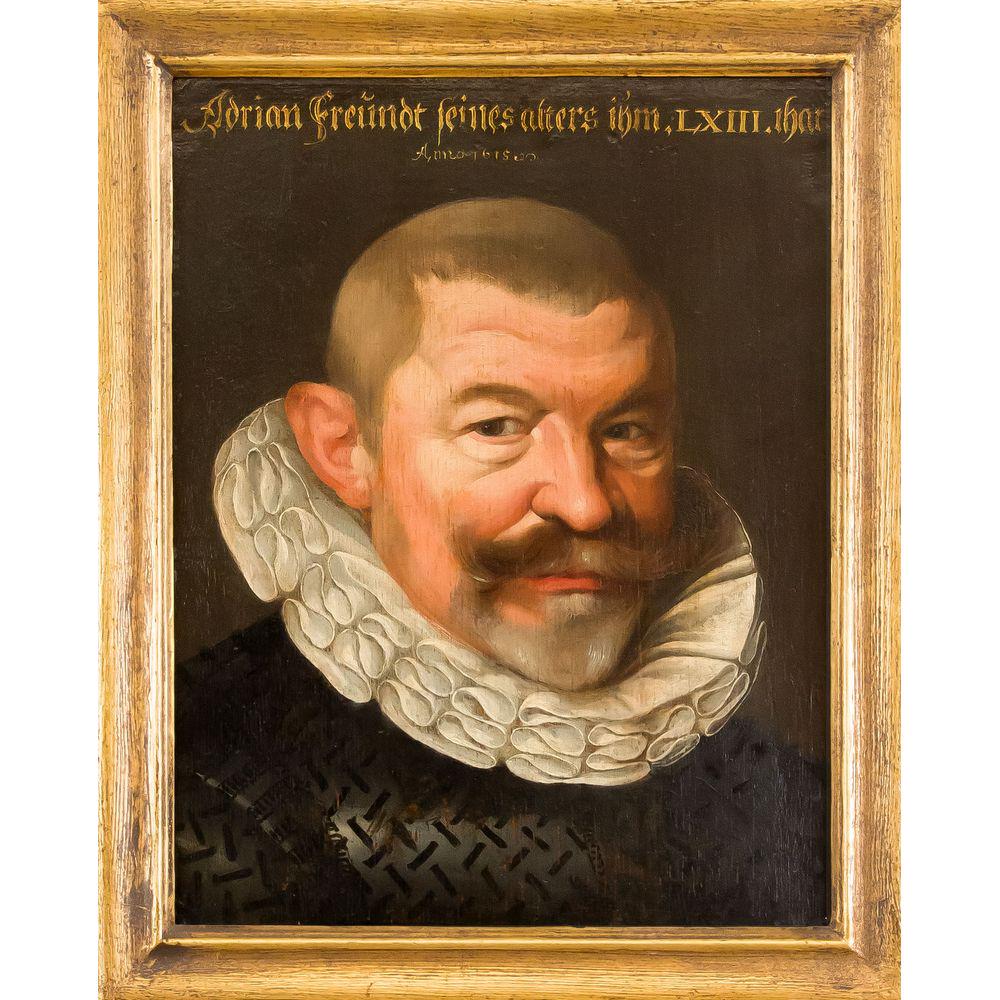 German portrait painter around: German portrait painter around 1615, portrait of Adrian Freundt at the age of 63, oil on wooden panel, inscribed on the upper edge. '' Adrian Freundt his age him LXIII ihar Anno 1615 '', old, closed,